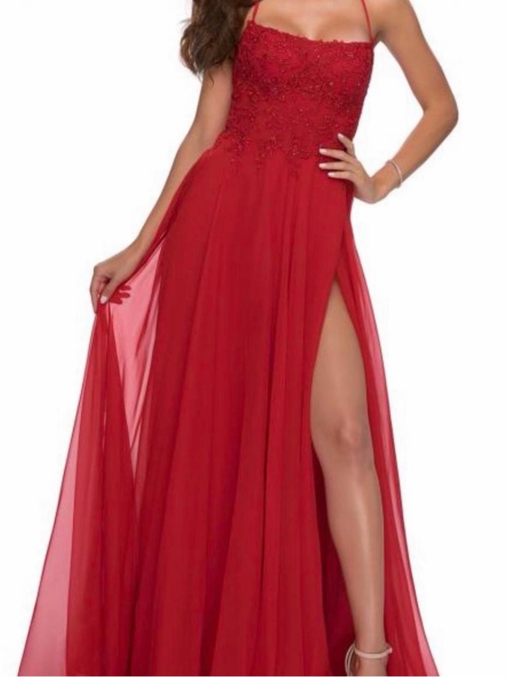 La Femme Red Beaded Spaghetti-Strap Prom Gown with High Slit